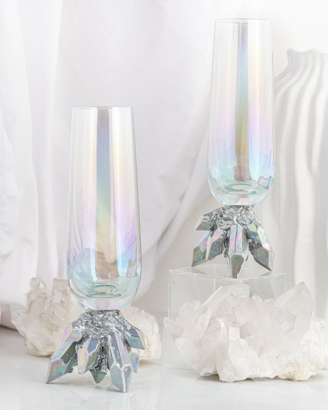 MADE-TO-ORDER: Crystal Champagne Flutes Set of Two Aura Titanium Quartz