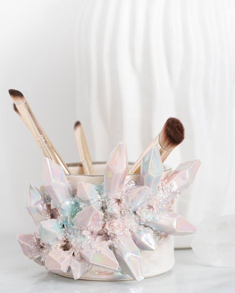 Aura Prism Crystal Tumbler Handmade ceramic brush holder for an elegant way to display your makeup brushes with a touch of natural beauty image 4