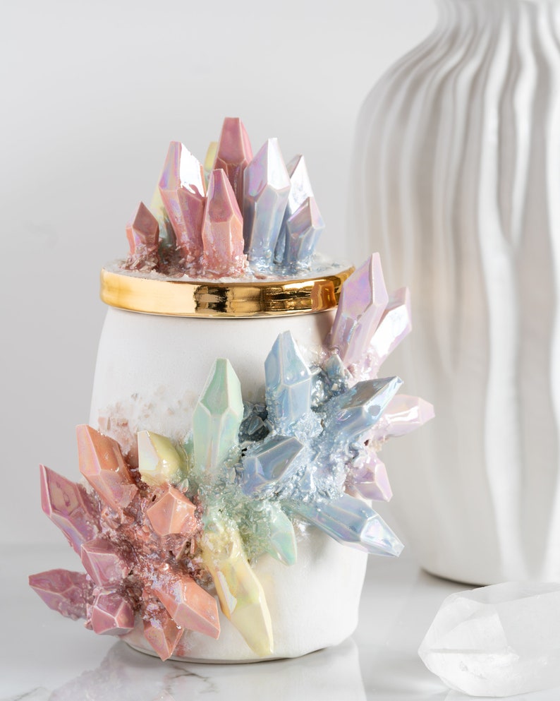 Aura Rainbow Crystal Canister Handmade ceramic crystal urn for a personalized and artistic memorial Gold
