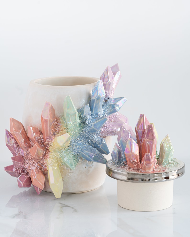 Aura Rainbow Crystal Canister Handmade ceramic crystal urn for a personalized and artistic memorial image 5