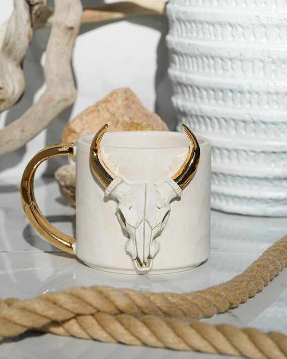 Cow Skull Mug with 22kt Gold Horns | Handmade southwest mug, adding a touch of natural beauty & rustic charm to your morning coffee or tea