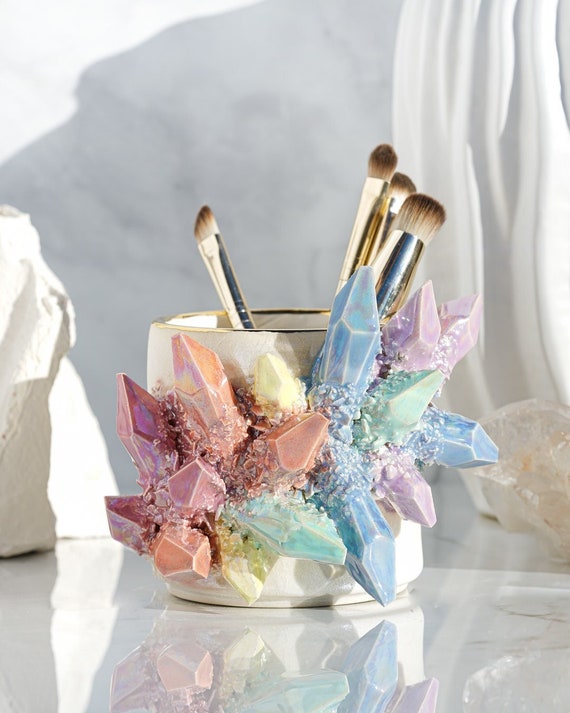 Aura Rainbow Tumbler | Handmade ceramic brush holder for an elegant way to display your makeup brushes with a touch of natural beauty