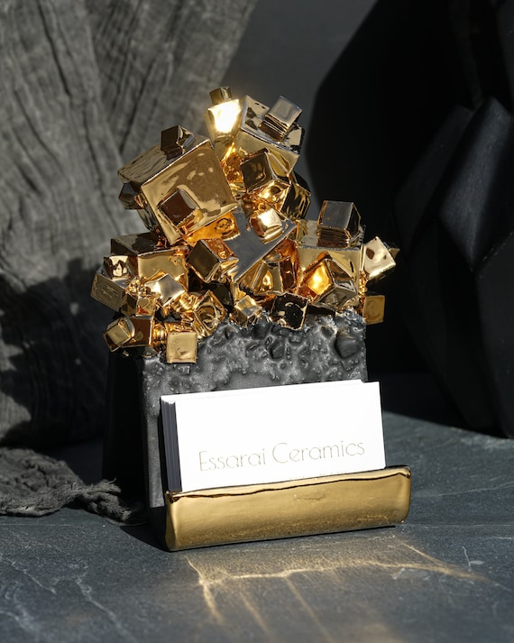 22kt Gold Pyrite Business Card Holder | Handmade ceramic crystal business card holder for a unique and artistic desk accessory
