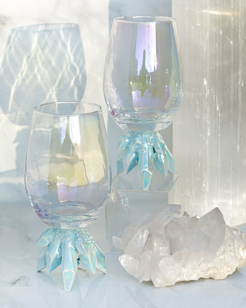 Crystal Cluster Wine Glasses CHOOSE YOUR COLOR Handmade ceramic crystal based wine glasses, adding elegance to your table setting Aura Aquamarine