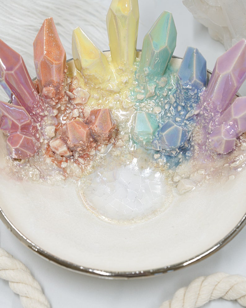 6 Rainbow Crystal Dish Handmade ceramic crystal dish for a unique and elegant jewelry holder image 8