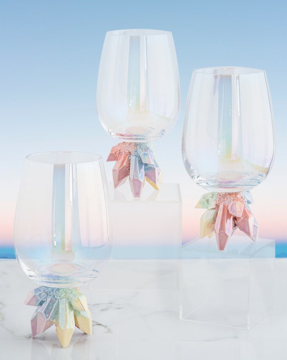Aura Rainbow Wine Glasses (Set of Two) | Handmade ceramic crystal based  champagne flutes, adding elegance to your table setting