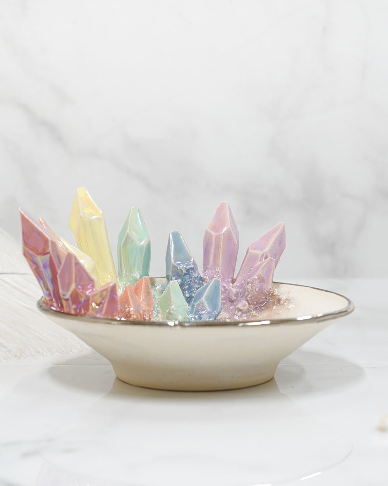 6 Rainbow Crystal Dish Handmade ceramic crystal dish for a unique and elegant jewelry holder image 9