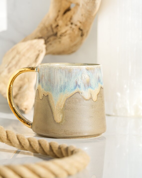 Handcrafted 16oz Summer Cottage Mug w/ 22kt Gold Handle | Satin Leather Glaze in Dreamy Hues | Luxury Mug for Summer Vibes