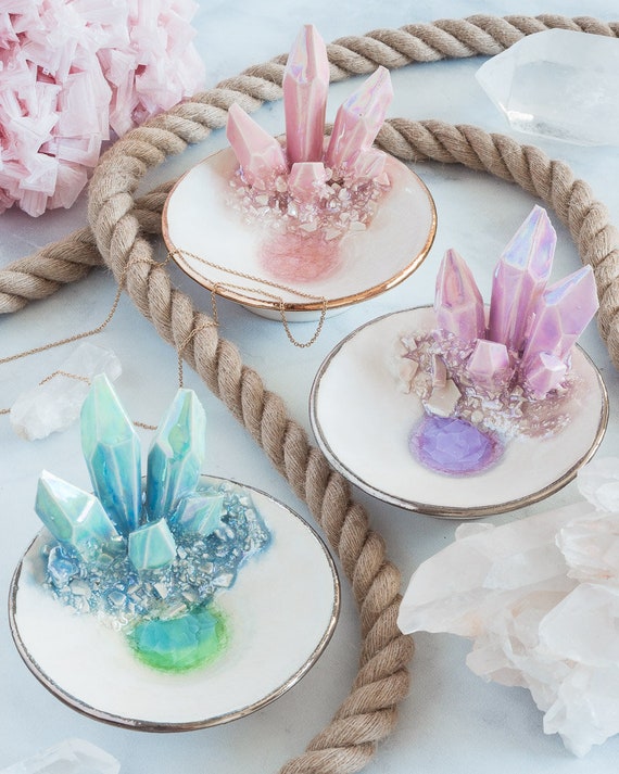 CHOOSE YOUR COLOR: 4" Aura Crystal Trinket Dish | Handmade ceramic crystal dish for a unique and elegant jewelry holder