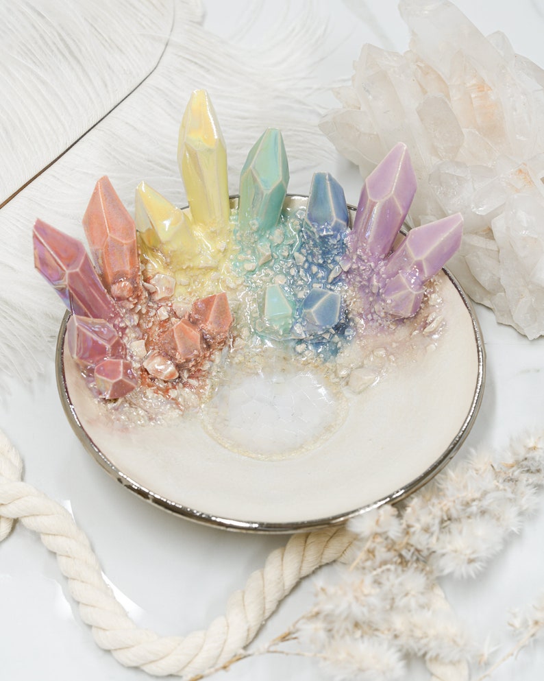 6 Rainbow Crystal Dish Handmade ceramic crystal dish for a unique and elegant jewelry holder image 5