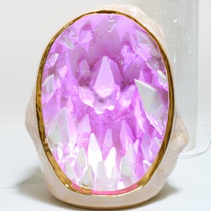 9" Handmade Aura Crystal Cavern Light - LED Color Spectrum Lamp with Remote | Unique Geode Cave Design | Porcelain Crystals | 22kt Rim