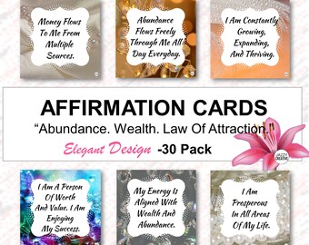 Affirmation Cards ABUNDANCE, 30 Pack, Wealth, Law Of Attraction, Positive Daily Affirmations, Quote Cards, Digital, Instant Download