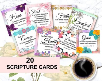 Scripture Cards, Set Of 20, Floral Printables, Bible Verse Cards, Inspirational Cards, Size 3.5"x 3.5", Digital, Instant Download