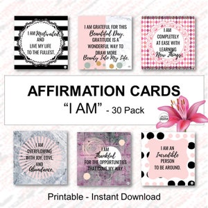 Affirmation Cards, "I AM", Set Of 30, Positive Affirmations, Daily Affirmation, Inspirational Quote Cards, Digital, Instant Download