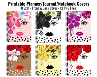 6 Printable Journal Notebook Covers, Planner Cover, Woman Flower Face, Front And Back Cover, Size 8.5x11, Personal And Commercial Use