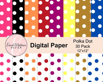 Digital Paper, Polka Dot, 30 Pack, Digital Backgrounds, Scrapbook Paper, 12"x12", Instant Download