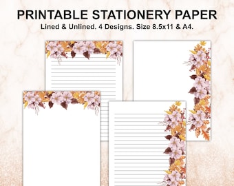 Fall Stationery Paper, Printable, 2 Styles, Lined Writing Paper, Journal Paper, Digital Paper, Size 8.5x11 & A4, Instant Download