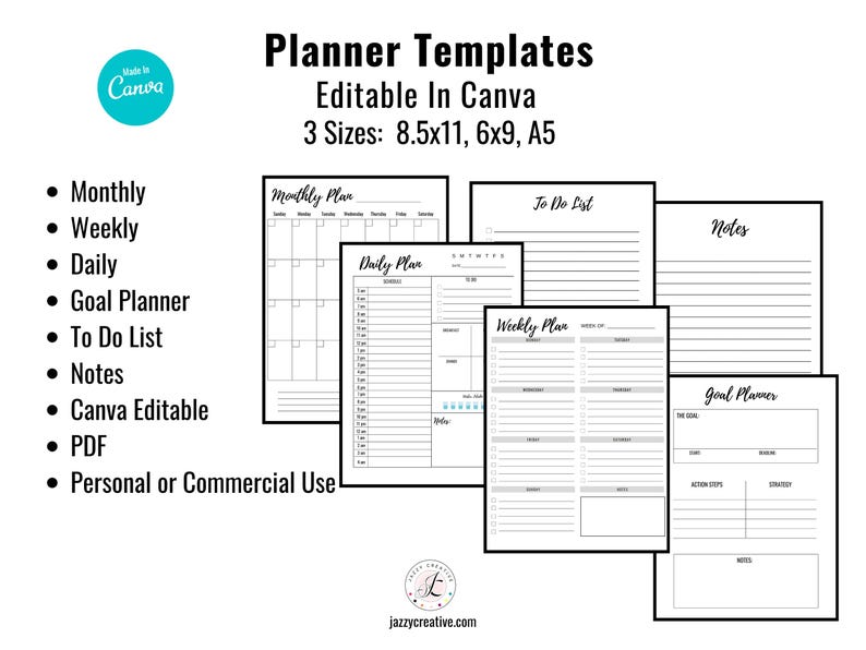 Planner Templates, Canva Editable, Monthly-Weekly-Daily-Goal Planner, To Do List, Notes, Size 8.5x11 - 6x9 - A5 image 2