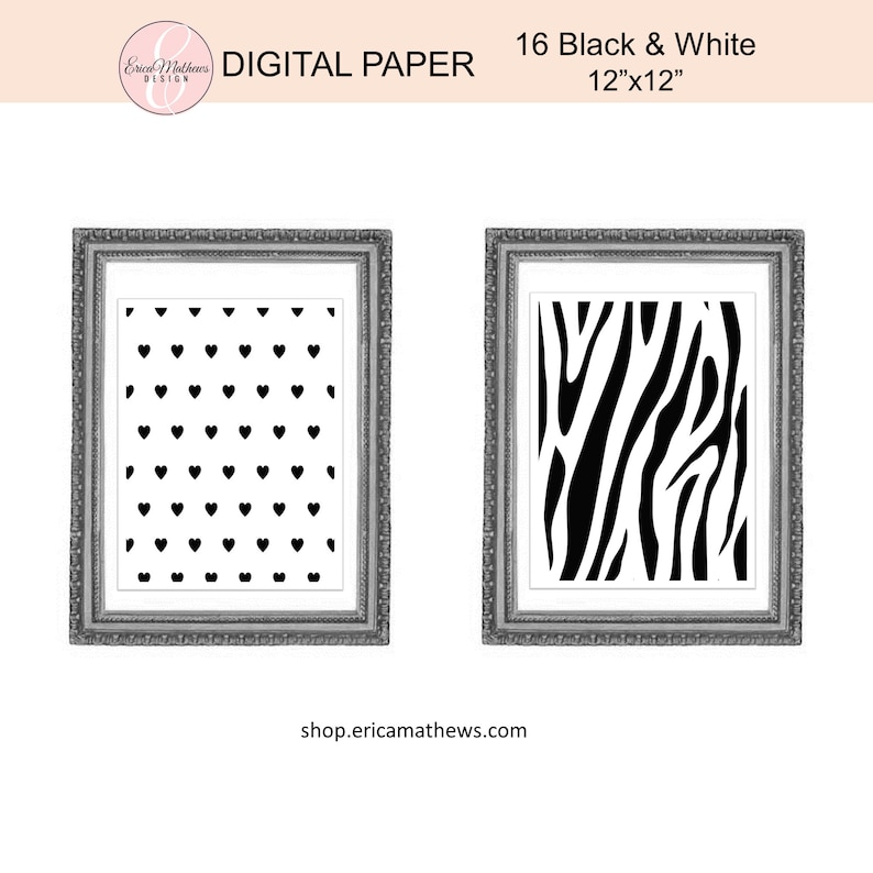 Digital Paper, Black & White, 16 Pack, Scrapbook Paper, Digital Backgrounds, 12x12, Instant Download image 4