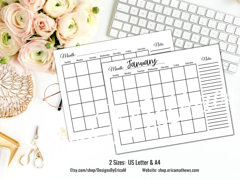 Monthly Blank Calendar Sheet With Notes, 2 Sizes US Letter & A4 ...