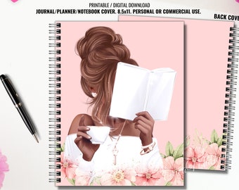 Printable Journal Cover, Lady Reading Book, Planner Notebook Cover, Dashboard, 8.5x11, Digital Download, Personal Or Commercial Use