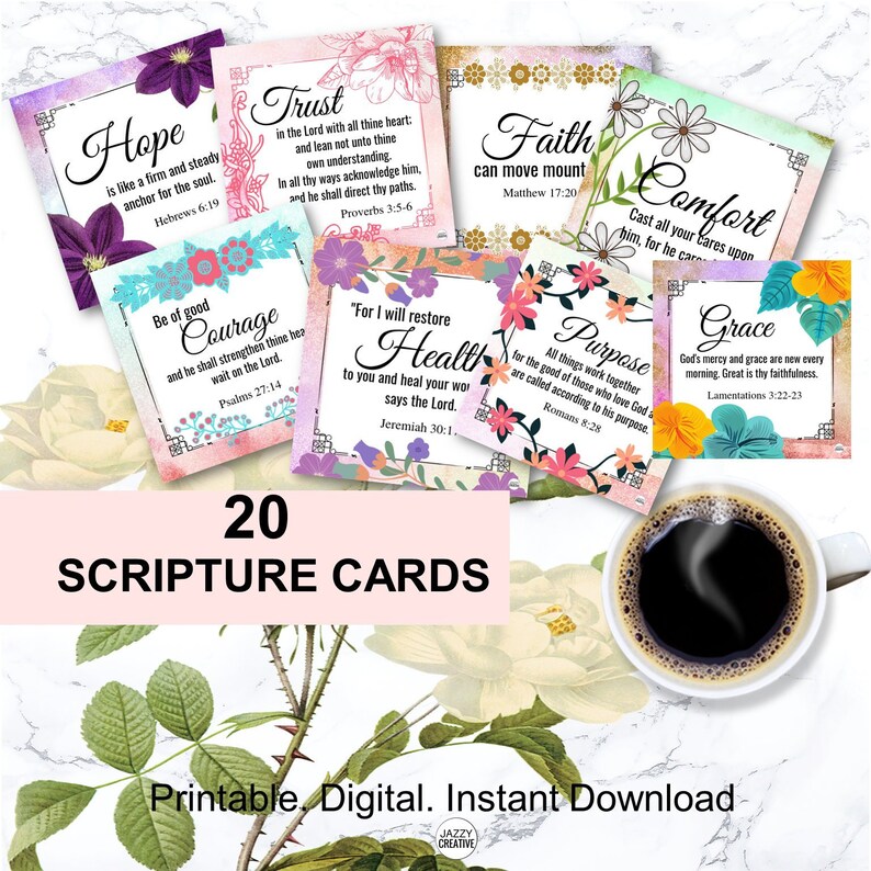 Scripture Cards, Set Of 20, Floral Printables, Bible Verse Cards, Inspirational Cards, Size 3.5x 3.5, Digital, Instant Download image 1