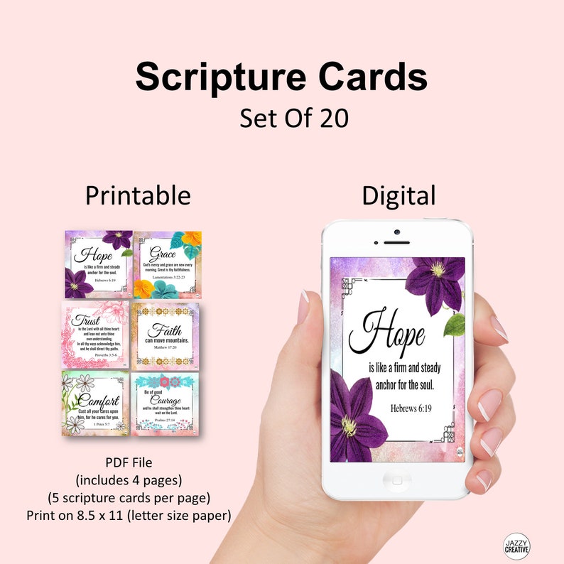 Scripture Cards, Set Of 20, Floral Printables, Bible Verse Cards, Inspirational Cards, Size 3.5x 3.5, Digital, Instant Download image 2