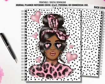 Printable Journal Cover, Lady Heart Glasses, Planner Notebook Cover, Dashboard, 8.5x11, Digital Download, Personal Or Commercial Use