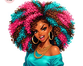 Colorful Afro Girl Clipart, Black Woman Curly Hair Stickers, Fashion Girl Illustration, 1 PNG, Digital Download
