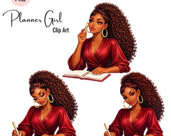3 Curly Hair Woman Writing Journal Clipart, Black Girl Planner Sticker, Afro Beauty Illustration, Digital Download
