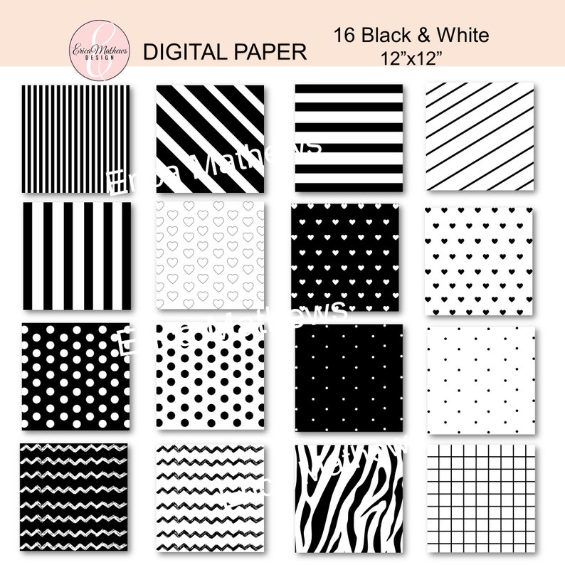 Digital Paper, Black & White, 16 Pack, Scrapbook Paper, Digital Backgrounds, 12x12, Instant Download image 2