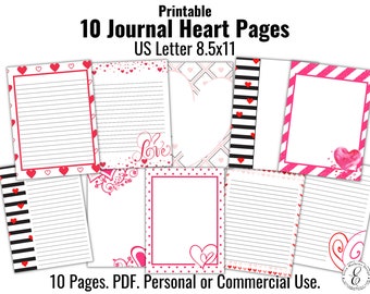 Printable Journal Pages, 10 Heart Stationery Paper, Writing Paper, 8.5x11, Personal Or Commercial Use