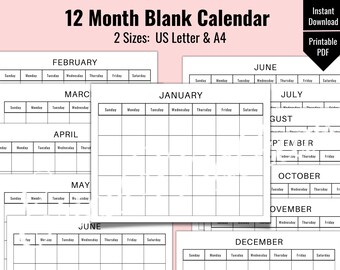 12 Month Blank Calendar, Undated, January-December, 2 Sizes -US Letter & A4, Printable Calendar, Monthly Planner, Instant Download