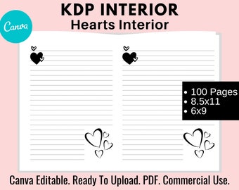 KDP Heart Interior, 100 Pages, Canva Editable, Ready To Upload PDF, Low Content Book, 8.5x11 and 6x9, Commercial Use