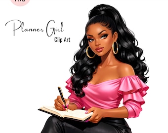 Glamorous Woman Writing in Journal Clipart, Planner Girl, Elegant Fashion Illustration, Chic Feminine Clipart, Digital Stickers
