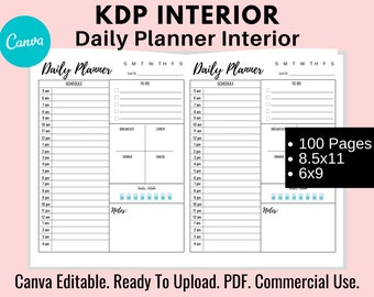 KDP Daily Planner Interior, 100 Pages, Canva Editable, Ready To Upload PDF, Low Content Book, 8.5x11 and 6x9, Commercial Use