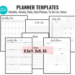 Planner Templates, Canva Editable, Monthly-Weekly-Daily-Goal Planner, To Do List, Notes, Size 8.5x11 - 6x9 - A5