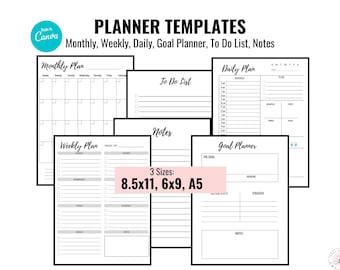 Planner Templates, Canva Editable, Monthly-Weekly-Daily-Goal Planner, To Do List, Notes, Size 8.5x11 - 6x9 - A5