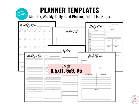 Planner Templates, Canva Editable, Monthly-Weekly-Daily-Goal Planner, To Do List, Notes, Size 8.5x11 - 6x9 - A5