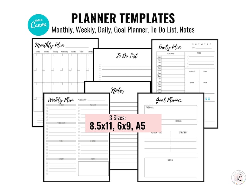 Planner Templates, Canva Editable, Monthly-Weekly-Daily-Goal Planner, To Do List, Notes, Size 8.5x11 - 6x9 - A5 image 1