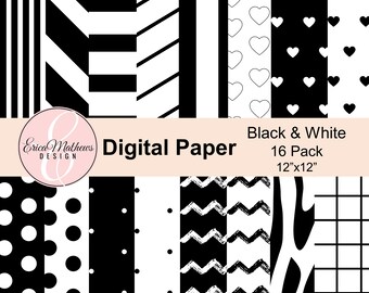 Digital Paper, Black & White, 16 Pack, Scrapbook Paper, Digital Backgrounds, 12"x12", Instant Download