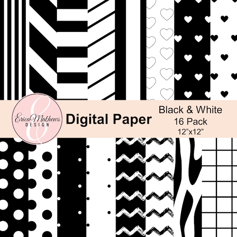 Digital Paper, Black & White, 16 Pack, Scrapbook Paper, Digital Backgrounds, 12x12, Instant Download image 1