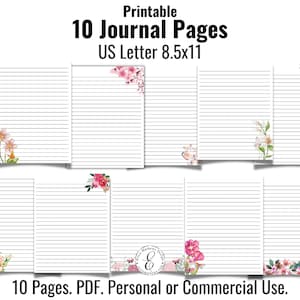 Printable Journal Pages, Floral Lined Writing Paper, Stationery Paper, 8.5x11, Personal Or Commercial Use