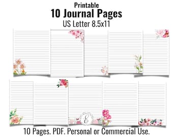 Printable Journal Pages, Floral Lined Writing Paper, Stationery Paper, 8.5x11, Personal Or Commercial Use