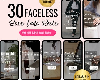 30 Faceless Boss Lady Reels With MRR, PLR Resell | Done For You | Faceless Instagram | Digital Marketing Content | Canva Template