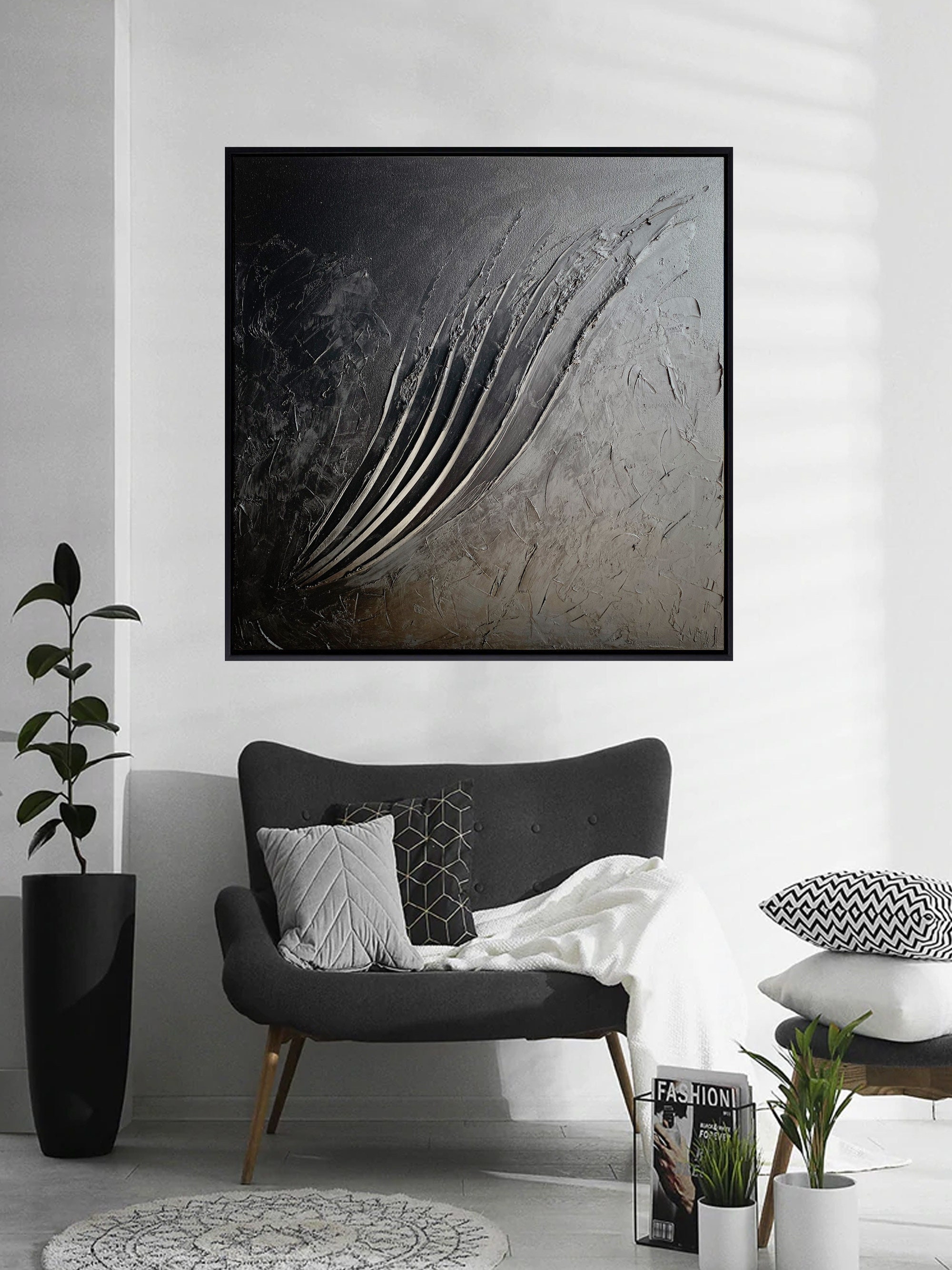 Black Plaster Textured Abstract Wing Wall Art Etsy