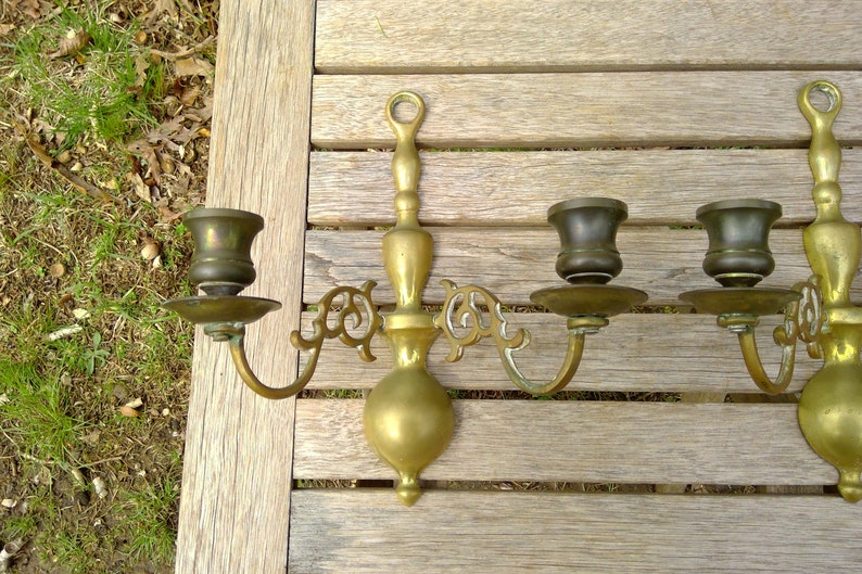 Vintage Brass Metal WALL SCONCES Candle Holders Pair App 9 Tall Two Arm Candlestick Holders Dining Livingroom www.etsy.com/shop/K1VINTAGE image 2