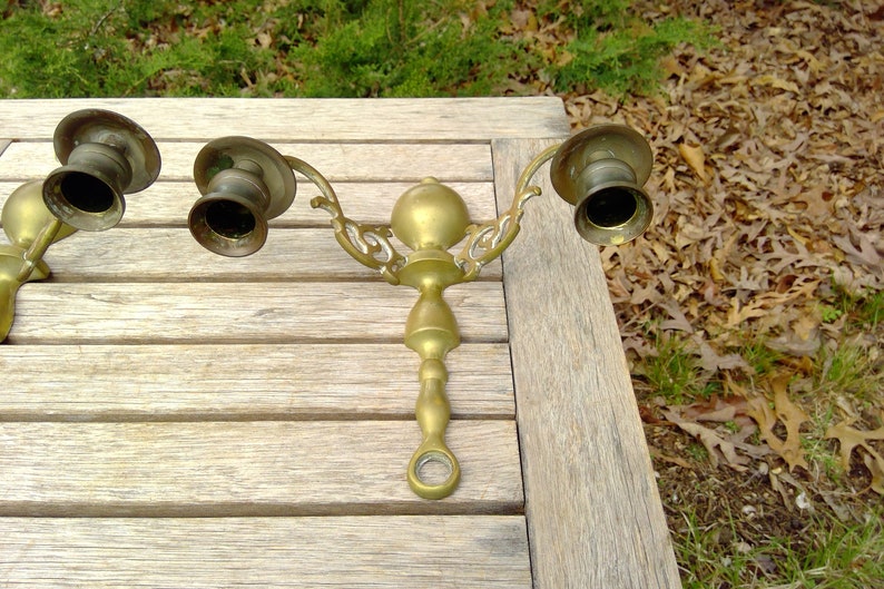 Vintage Brass Metal WALL SCONCES Candle Holders Pair App 9 Tall Two Arm Candlestick Holders Dining Livingroom www.etsy.com/shop/K1VINTAGE image 8