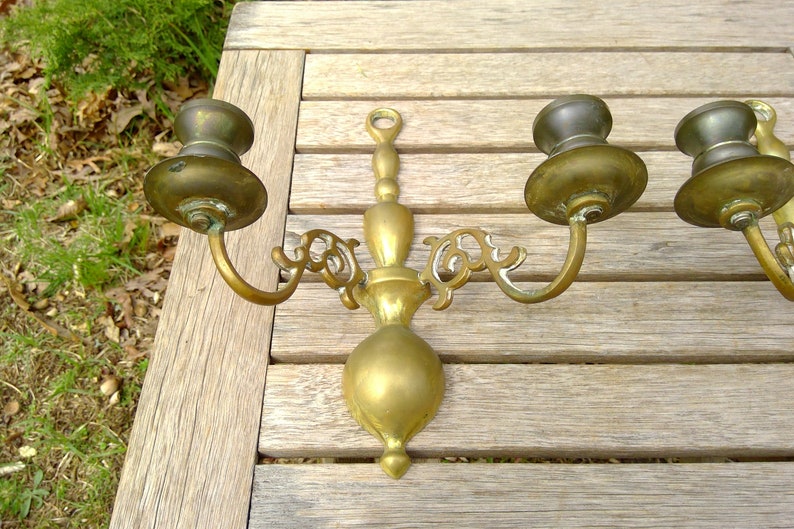 Vintage Brass Metal WALL SCONCES Candle Holders Pair App 9 Tall Two Arm Candlestick Holders Dining Livingroom www.etsy.com/shop/K1VINTAGE image 4