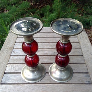 Vintage 2 PILLAR CANDLE Holders Christmas Red Candlesticks Silver Chrome Lucite Balls Globes 8 1/2 In Tall mcm www.etsy.com/shop/K1VINTAGE